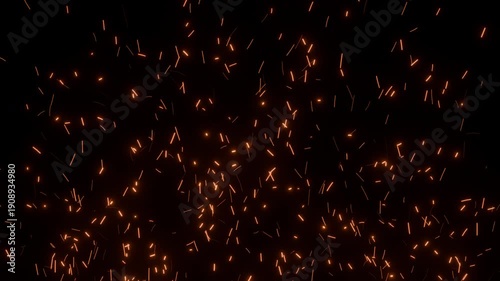 Fire sparks particles floating overlay on black background, loop 3d animation.