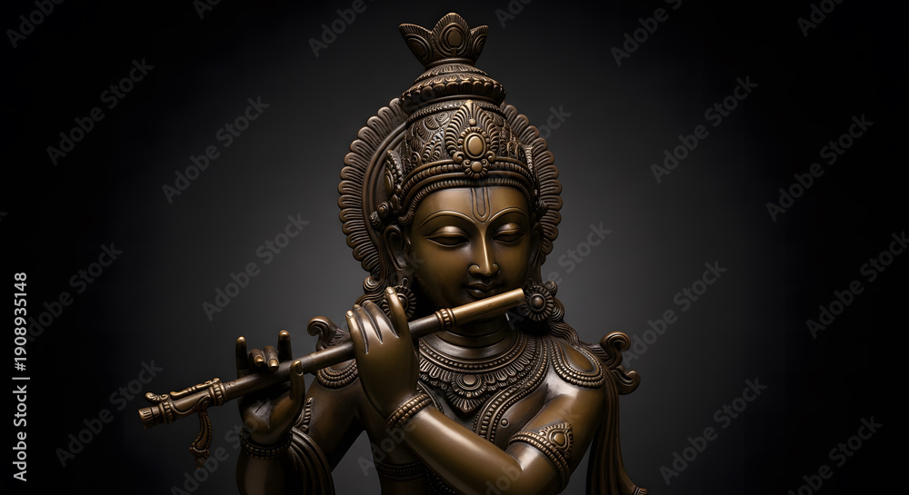 Fototapeta premium Detailed bronze sculpture of Lord Krishna playing the flute agai