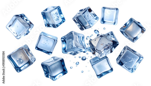 Cubed ice cubes float with water droplets against a black background