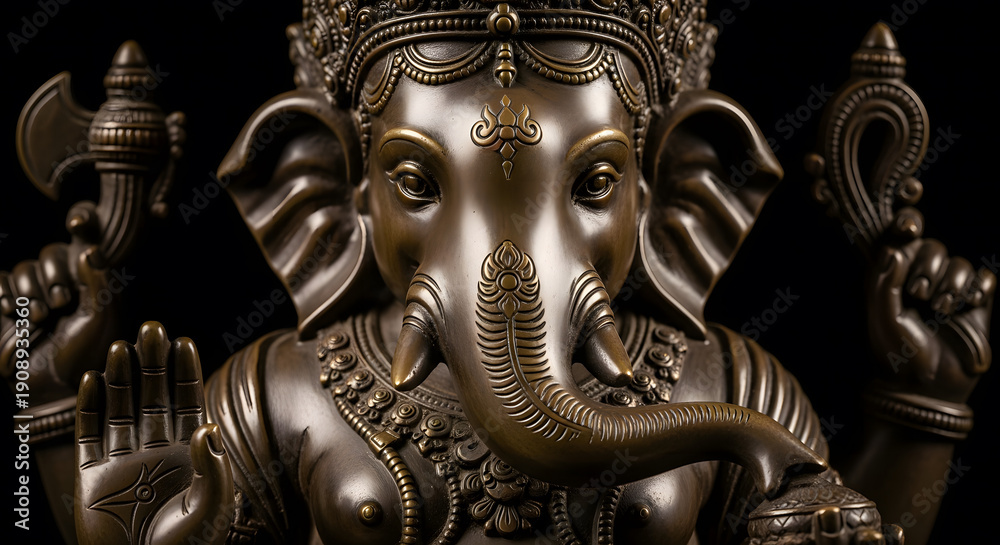 Fototapeta premium Detailed closeup of Lord Ganesha bronze sculpture against a dark