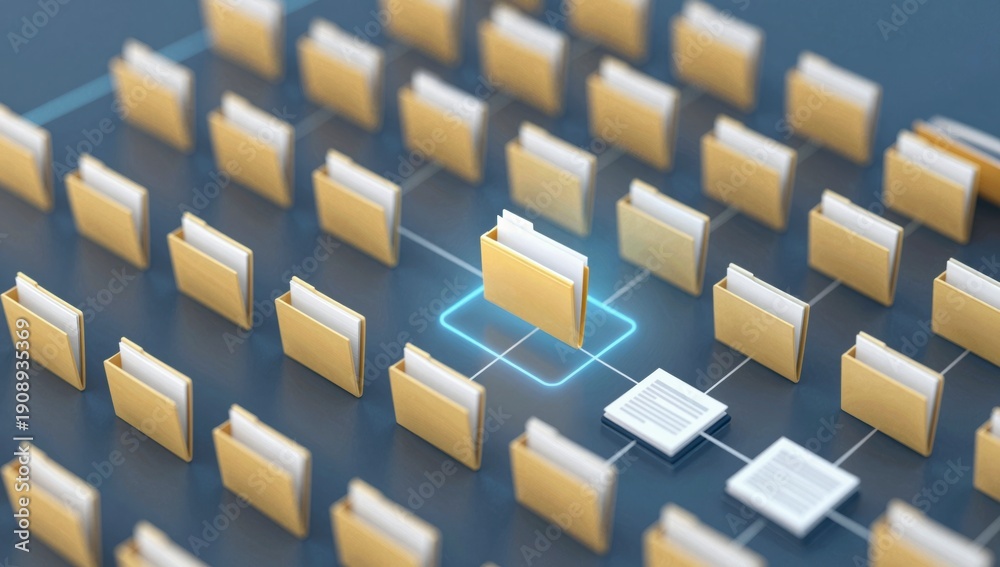 Fototapeta premium Rows of yellow folders with white paper sheets arranged on a dark blue grid with glowing lines