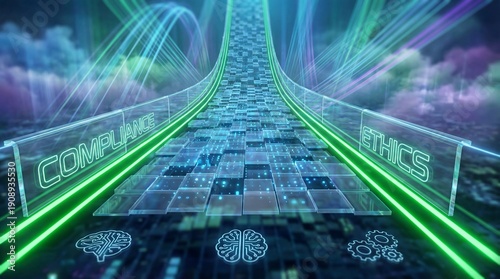 Responsible AI compliance and ethics roadmap background with glowing green guardrails on digital data highway, modern technology governance concept for slide banner