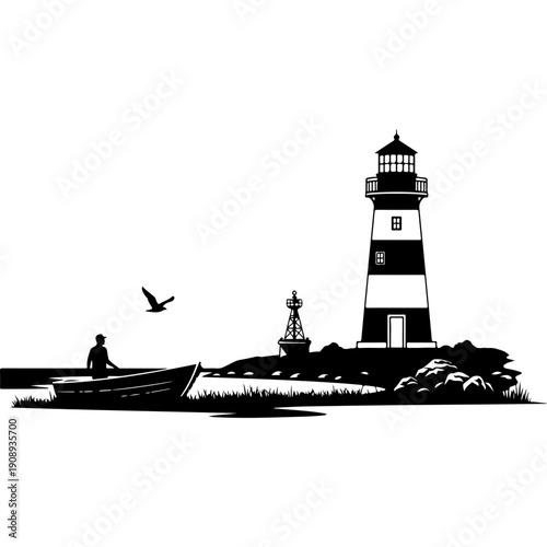 Lighthouse and Boat Coastal Scene Vector Art