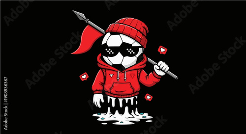 Cool Soccer Ball Mascot with Red Hoodie and Spear Illustration
