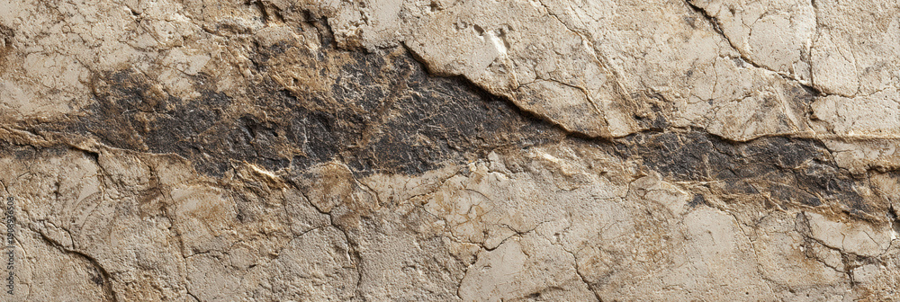 Fototapeta premium Weathered beige marble surface featuring prominent dark vein or large crack running horizontally across textured stone background with detailed rough pattern