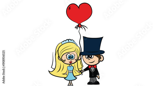 Bride and groom cartoon characters in a romantic wedding scene