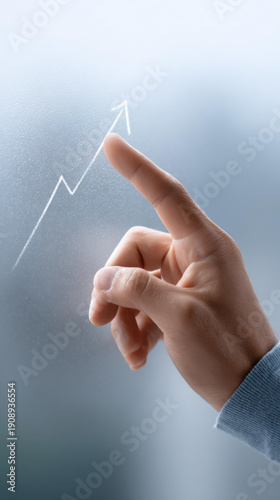 Business growth concept with finger pointing at upward rising arrow on virtual screen showing successful financial increase profit progress and successful corporate development achievement goal