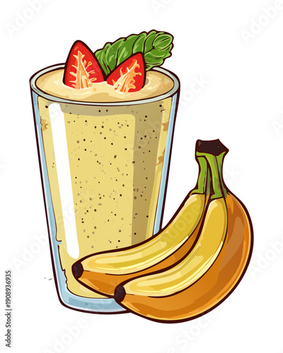 Tall glass of banana smoothie with fresh bananas and strawberries for a fruity breakfast drink - Vector Illustration