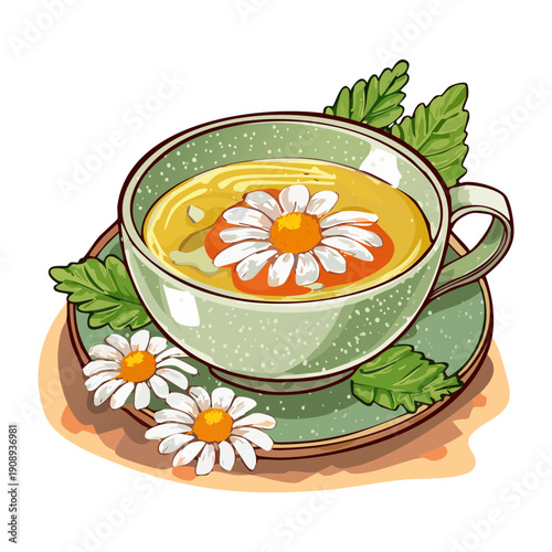 A soothing cup of chamomile tea with fresh flowers and green leaves for a peaceful break - Vector Illustration