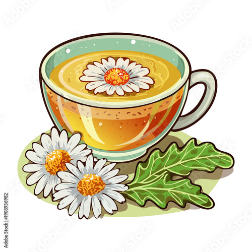 Herbal chamomile tea served with fresh daisy flowers and leaves for natural wellness and health - Vector Illustration