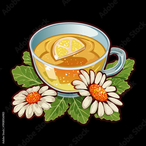 Hot chamomile tea in a glass cup with fresh flowers for a soothing and calming drink - Vector Illustration
