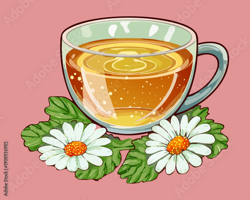 Cup of chamomile tea with fresh flowers and leaves for a relaxing and healthy beverage - Vector Illustration