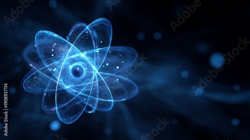 Blue atom model abstract background with glowing particles and molecular structure, futuristic scientific concept of atomic energy, quantum physics, chemistry research, and advanced technology innovat