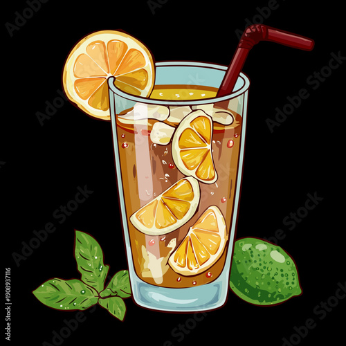 Glass of iced tea with lemon slices and a red straw for a refreshing summer drink - Vector Illustration