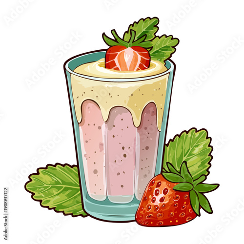 Creamy vanilla milkshake topped with strawberry slices and mint leaves in a stylish tall glass - Vector Illustration