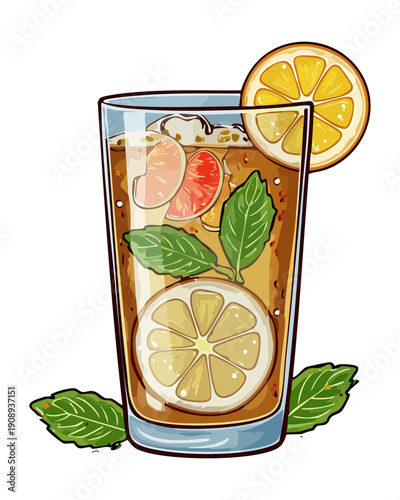 Refreshing citrus iced tea with orange slices lemon and mint leaves in a tall drinking glass - Vector Illustration