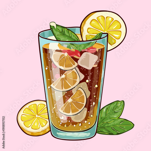 Iced tea with lemon slices and fresh mint leaves in a tall glass for summer hydration - Vector Illustration