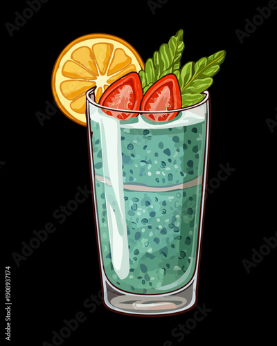 Tall glass of iced blue lemonade with strawberry slices orange and mint leaves for summer refreshment - Vector Illustration