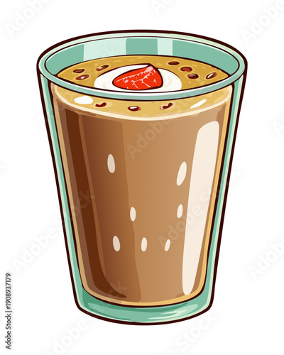 Creamy chocolate smoothie topped with a fresh red strawberry served in a clear tall drinking glass - Vector Illustration