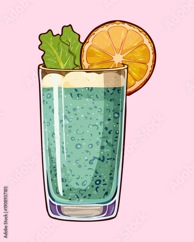 Iced blue mojito drink garnished with large orange slices and fresh mint sprigs for summer party - Vector Illustration
