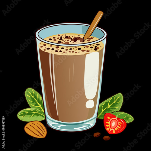 Delicious chocolate milkshake topped with cocoa powder served in a tall glass with a wooden spoon - Vector Illustration