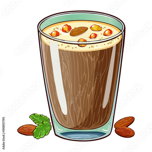 Tall glass of iced beverage with cereal or nut toppings and orange garnish - Vector Illustration