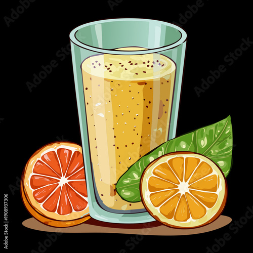 Tall glass of orange juice with fresh citrus fruit slices and mint on dark - Vector Illustration