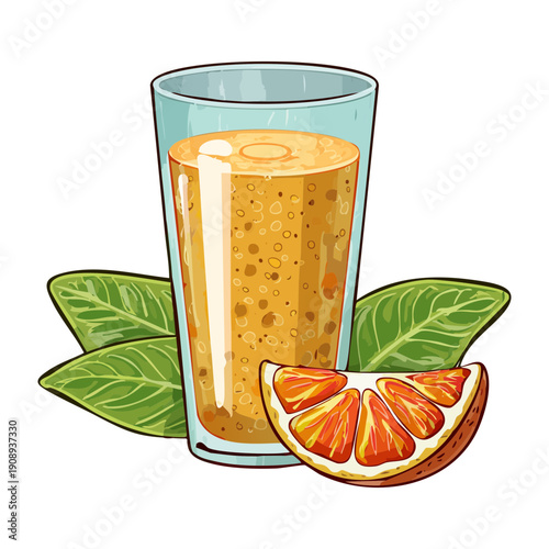 Refreshing orange juice glass with fresh citrus slices and green mint leaves on white - Vector Illustration