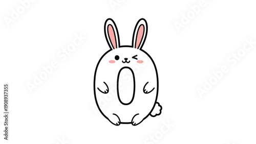 Charming white rabbit character designed to look like the number zero with a cute wink and small paws standing against a white background.