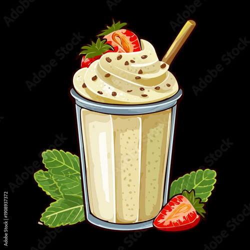 Vanilla milkshake with whipped cream topping fresh strawberry and green mint leaves on dark - Vector Illustration