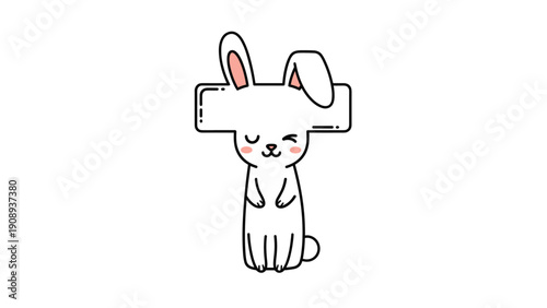 Simple white bunny character with a winking face and small paws shaped like the capital letter t against an isolated white background.