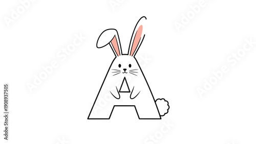 Cute white bunny character with long ears and whiskers integrated into the shape of the letter a standing against a white background.