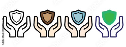 Four hands holding shields protection security teamwork business success flat design vector illustration