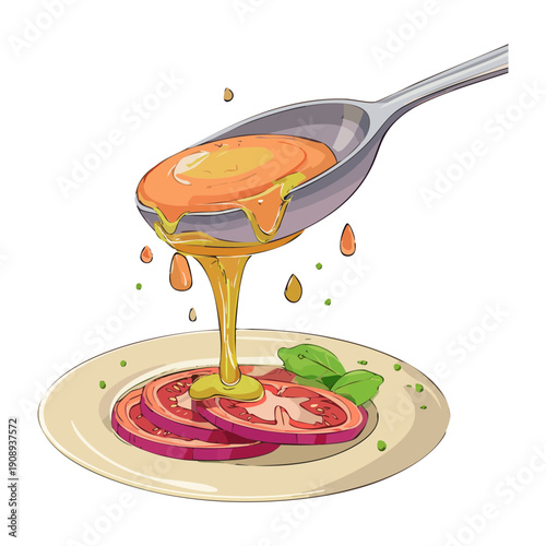 Metal spoon pouring thick golden honey or sauce over fresh tomato slices and vegetable salad - Vector Illustration