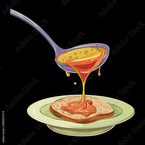 Ladle pouring hot savory tomato sauce or soup onto a plate with artistic liquid movement - Vector Illustration