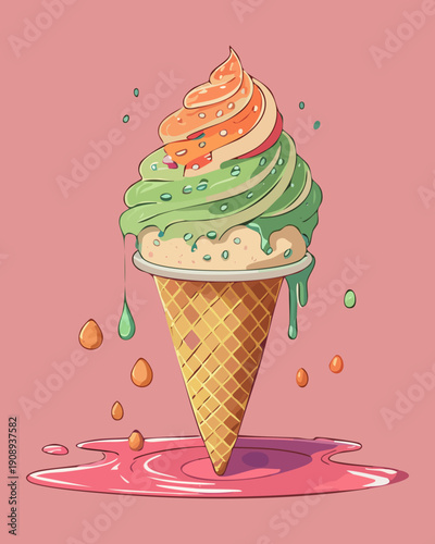 Swirled ice cream cone with orange and green flavors and melting droplets on pink backdrop - Vector Illustration