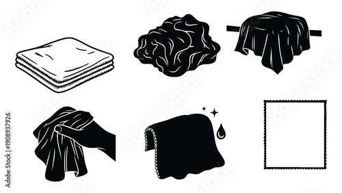 Collection of cleaning cloth illustrations showing different textures and uses for home or professional cleaning.