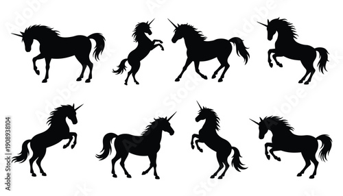 Unicorn silhouettes set, magical horse creatures with horn and flowing mane shapes, fantasy mythology symbols, fairy tale animal outlines, whimsical black vector illustration isolated.