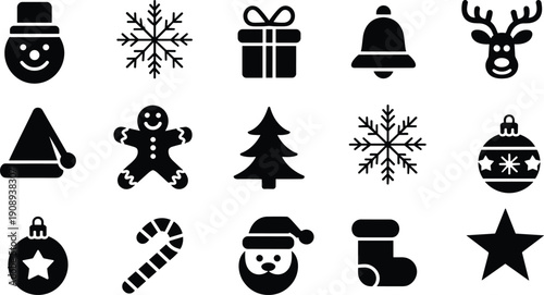 Christmas icons and symbols in black silhouette on white background holiday winter
