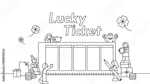 Joyful people celebrate winning a lucky ticket with festive elements and prizes.