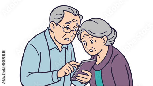 Elderly couple looking confused at a digital device together