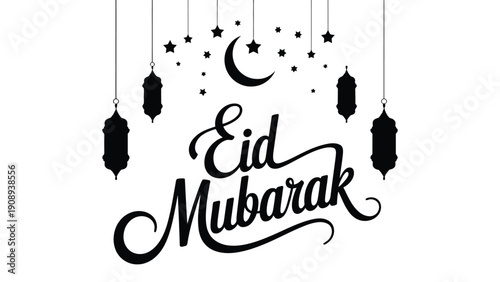 Elegant Eid Mubarak greeting with hanging lanterns and starry crescent moon