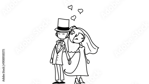 Charming cartoon bride and groom holding hands with hearts floating above