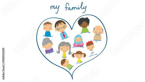 Diverse group of cartoon people representing a loving family within a heart shape.