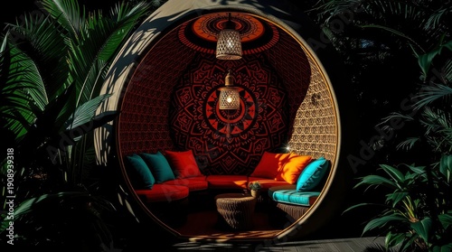 This vibrant image captures an inviting, enclosed private lounge, resembling a modern cabana or pod, nestled within lush, dark tropical greenery. The interior of the unique circular structure is adorn