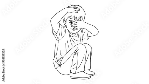 Shy child peeking through hands, feeling uncertain and withdrawn