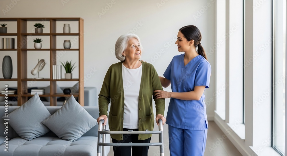 Fototapeta premium Caregiver helping an elderly woman use a walker for mobility assistance in a modern living room, promoting independence and support.