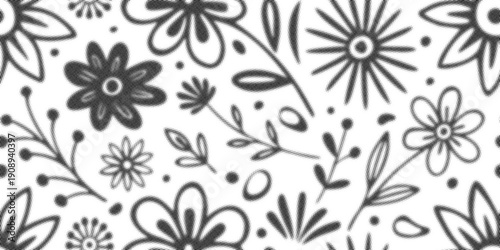 Vector plant background, flowers and leaves,, seamless pattern, halftone dots, fading dot effect, black isolated on white background