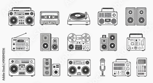 Vintage Stereo Vector Icons Set in Clean Outline Style