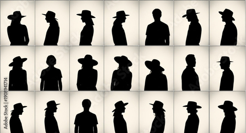 Silhouettes of people wearing hats in various poses.